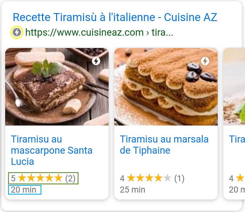 Un carrousel dans la page de recherche de Google présentant différents résultats d'article AMP pour le site cuisineaz