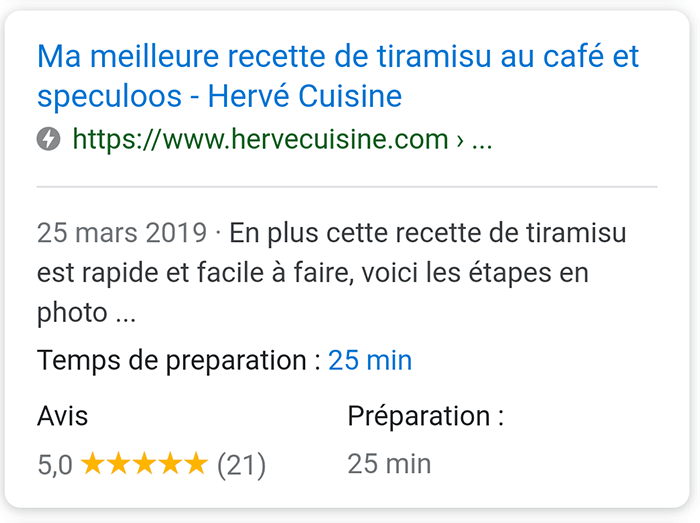 Cette image représente un résultat de recherche organique sur mobile, pour l’expression de recherche “recette de tiramisu”. Le résultat en question est une page AMP.