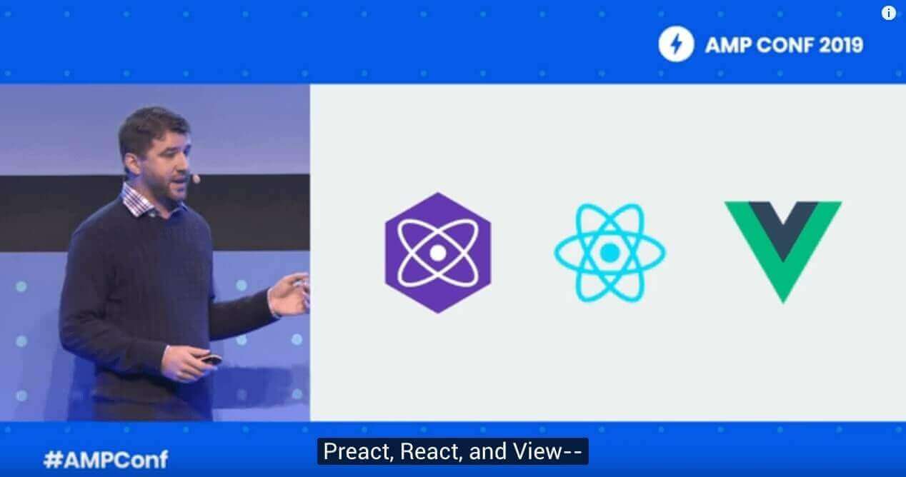 Screenshot de la conférence AMP 2019 montrant la comptabilité entre preact, react, vueJS et